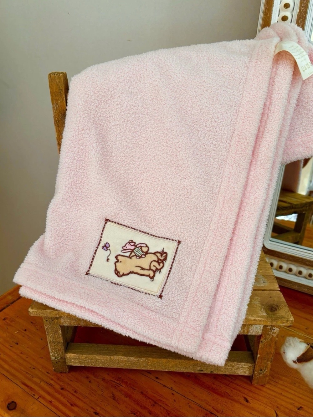 Disney Classic Pooh Pink Fleece Baby Blanket Winnie Holds Piglet Butterly Corner